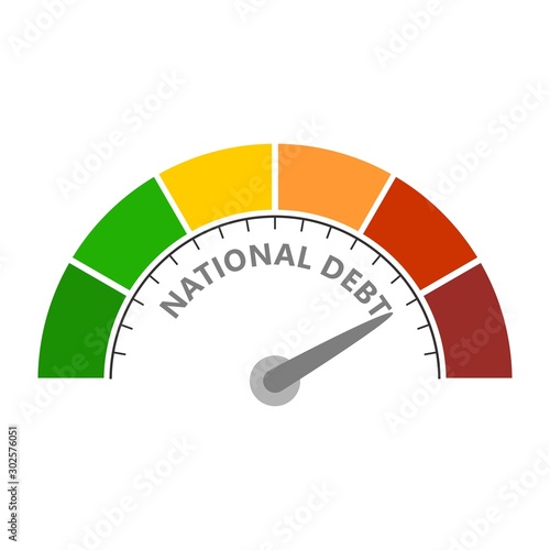 Cholesterol meter read high level of national debt result. Color scale with arrow from red to green. The measuring device icon. Vector illustration in flat style. Colorful infographic gauge element