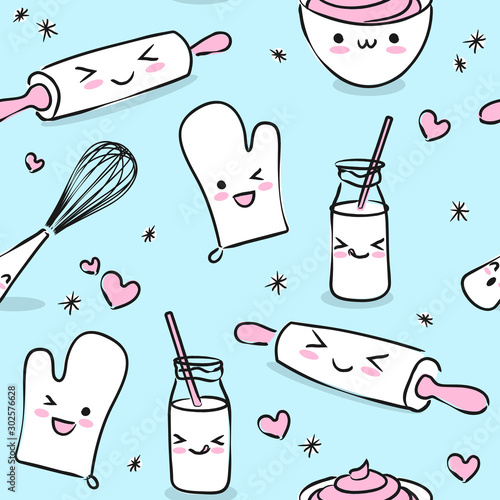 Bakery kitchen kawaii hand drawn seamless pattern vector background