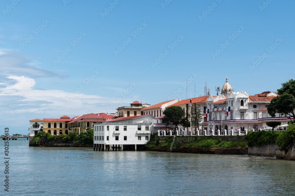 View of waterfront and buildings in Casco Antiguo (Spanish old town), also known as Casco Viejo of Panama City in Panama. Vacation concept. Gulf of Panama.