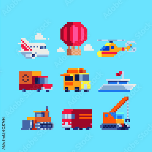 Different transport pixel art icons set balloon, airplane, helicopter, van, liner, crane, tractor isolated vector illustration. Logo transport company. Game assets. Design for sticker, logo, app.
