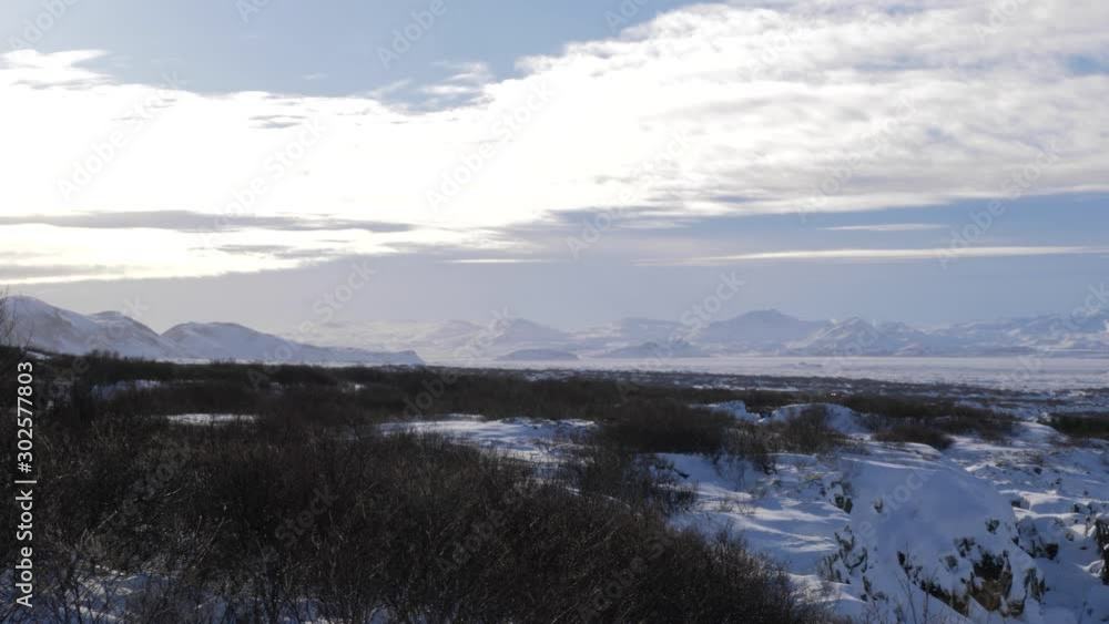 Iceland Panning Across Snow Covered Land With Valley With Mountains 1 Iceland Panning Across Snow Covered Land With Valley With Mountains 1