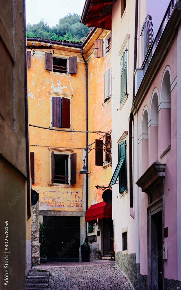 Cityscape at Arco town center near Garda lake of Trentino of Italy. Street of Old city in Trento near Riva del Garda. Buidling architecture. Travel and tourism