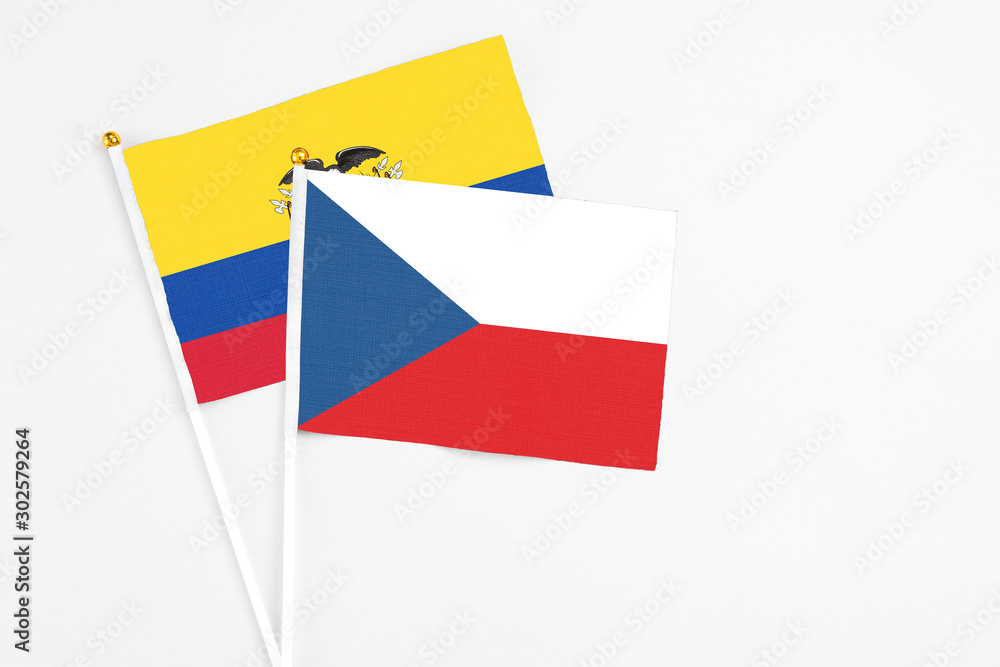 Czech Republic and Ecuador stick flags on white background. High quality fabric, miniature national flag. Peaceful global concept.White floor for copy space. Czech Republic and Ecuador stick flags on white background. High quality fabric, miniature national flag. Peaceful global concept.White floor for copy space.