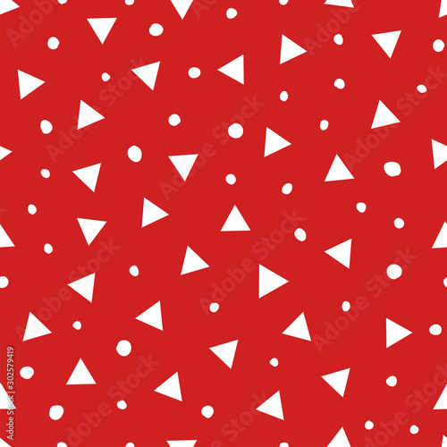Simple abstract seamless pattern with triangles and dots. Holiday theme in red for wrapping paper. Background for children's holiday or christmas party decoration, wrapping paper, wallpaper, cards and
