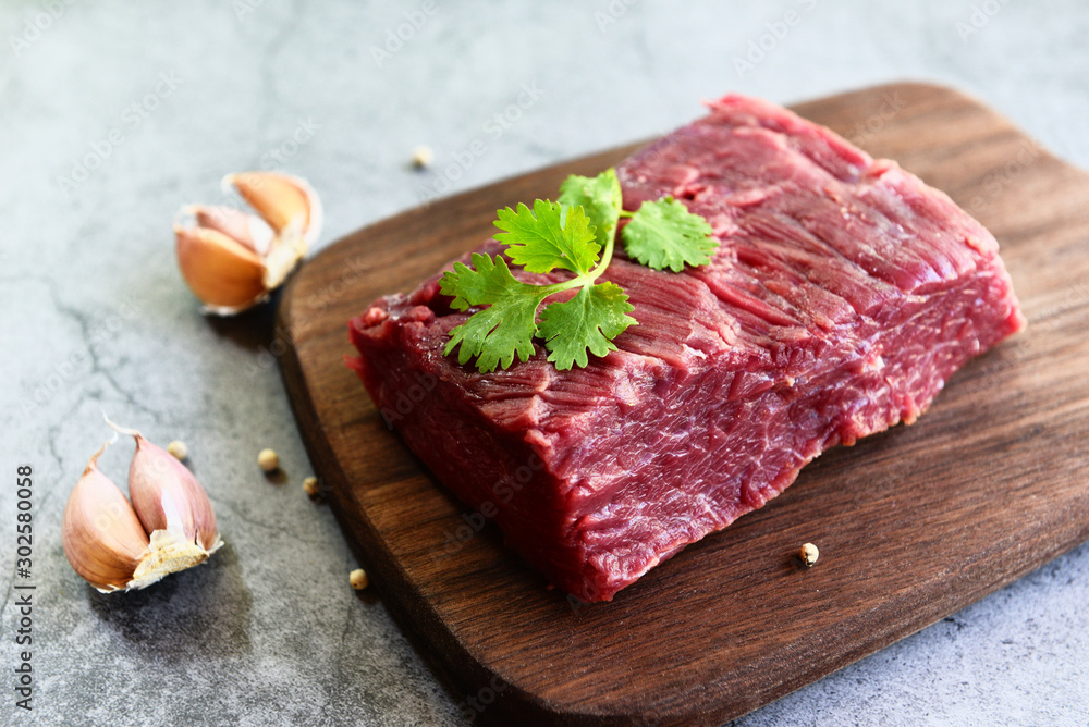 Fresh beef piece for steak or grilled barbecue / Raw meat beef steak with spices garlic on wooden cutting board and black background Fresh beef piece for steak or grilled barbecue / Raw meat beef steak with spices garlic on wooden cutting board and black background