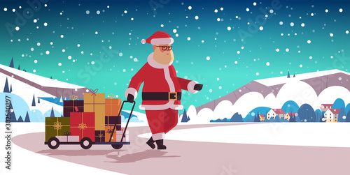santa claus pulling trolley cart with gift present boxes merry christmas happy new year winter holidays celebration concept countryside landcape background horizontal flat vector illustration