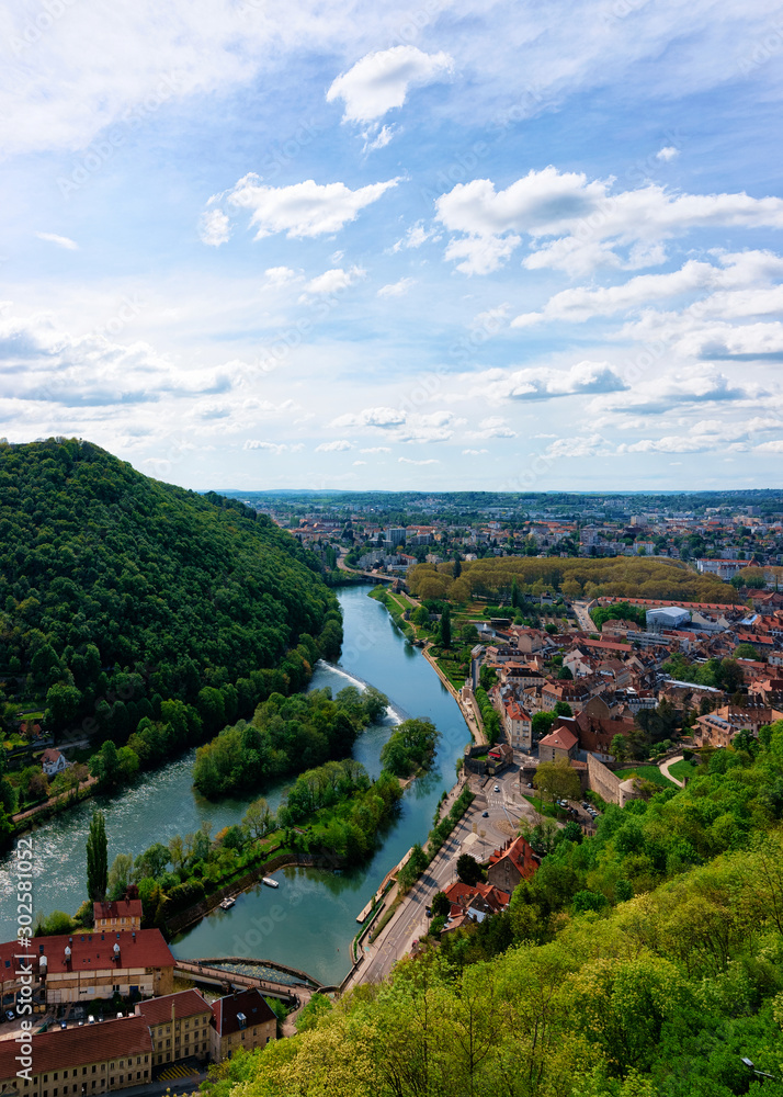 Landscape from Citadel in Besancon and River Doubs at Bourgogne Franche-Comte region, France. French Castle and medieval stone fortress in Burgundy. Fortress architecture and scenery. View from tower