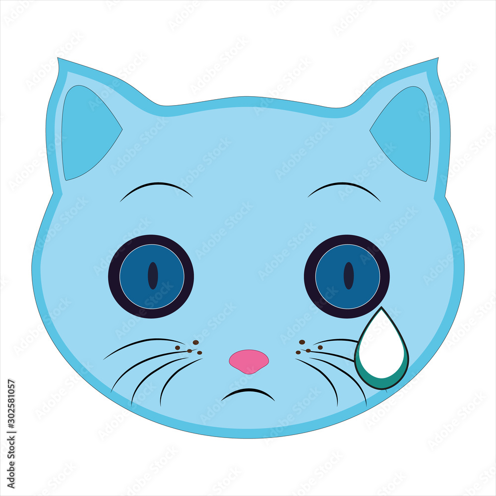 Obraz premium Flat drawing of a cat. Emoji, crying, flowing tear dripping. Signs and symbols of the cat. Vector.