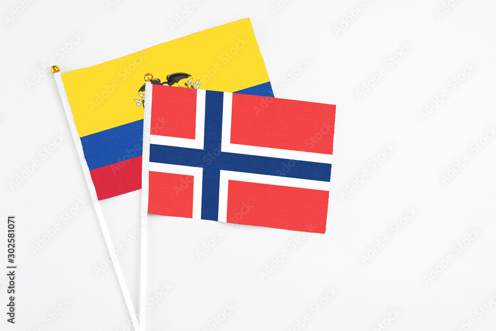 Norway and Ecuador stick flags on white background. High quality fabric, miniature national flag. Peaceful global concept.White floor for copy space.
