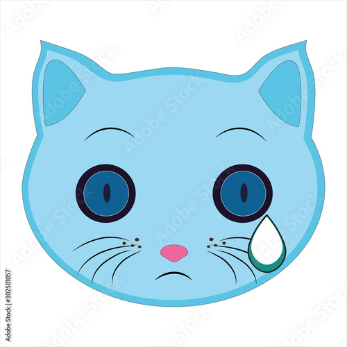 Flat drawing of a cat. Emoji, crying, flowing tear dripping. Signs and symbols of the cat. Vector.