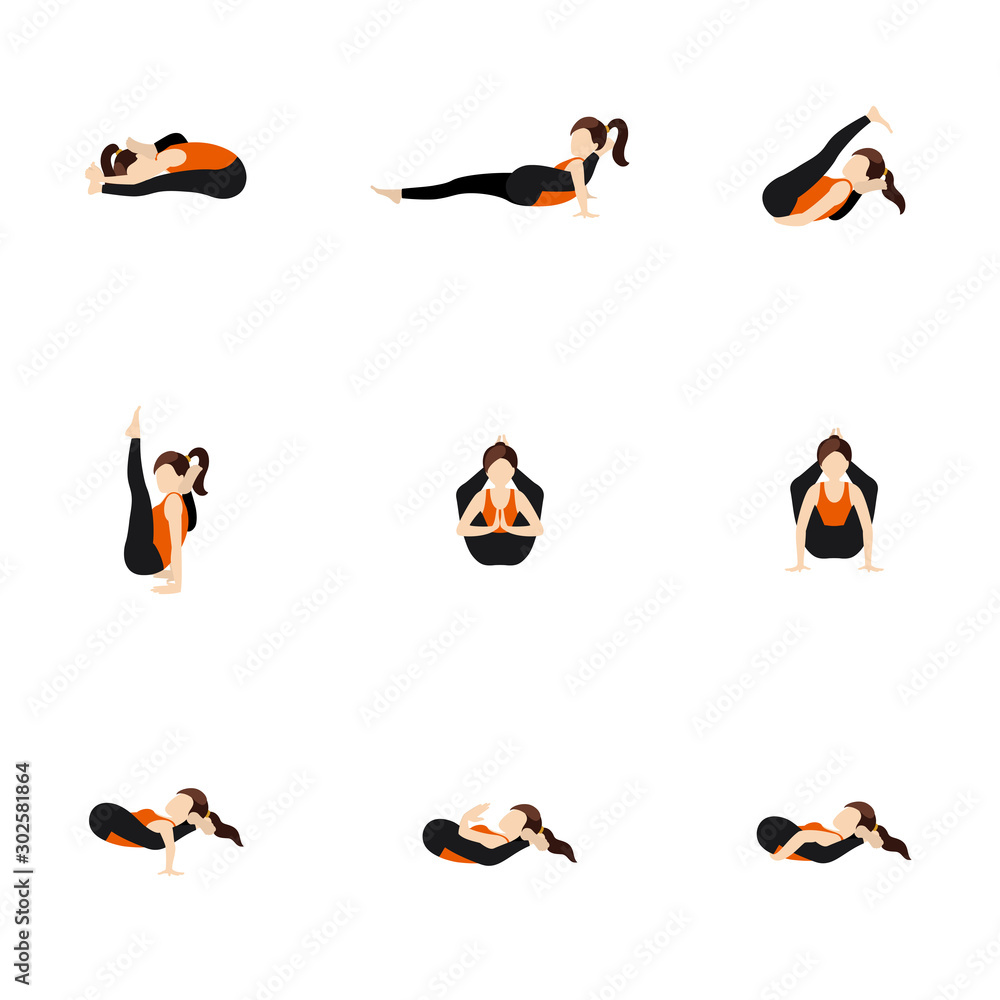 Legs behind head yoga asanas set/ Illustration stylized woman practicing yoga postures pada sirsasana variations