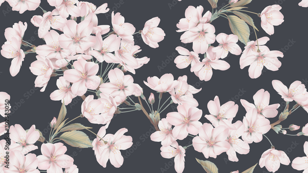 Floral seamless pattern, Somei Yoshino sakura flowers with branch and leaves on dark grey