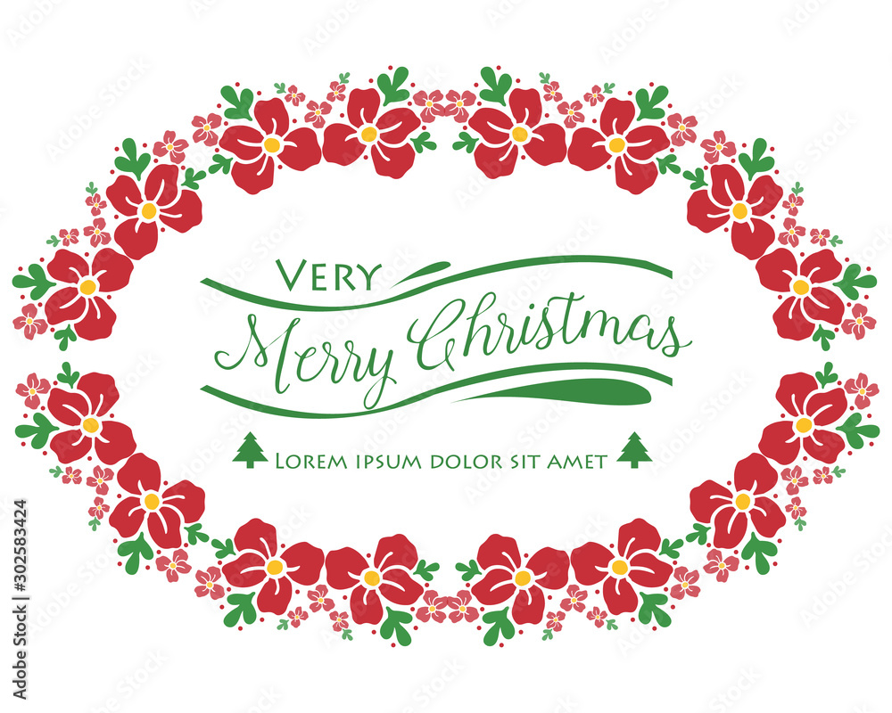 Celebration text of very merry christmas, with red flower frame, isolated on white background. Vector