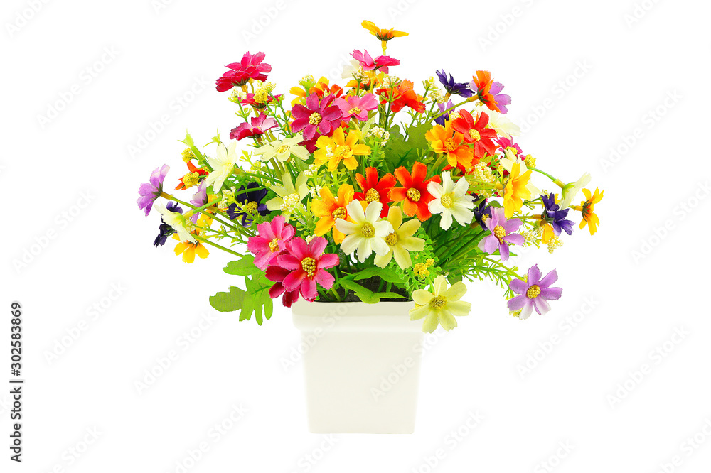 Colorful decoration artificial flowers with green leaf in white pot isolated on white background with clipping path..