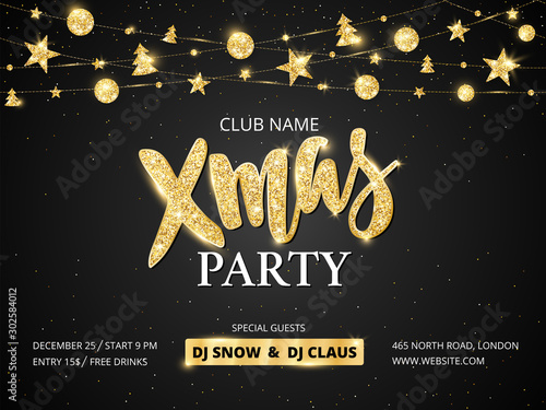 Christmas party poster template. Golden ornaments decoration.