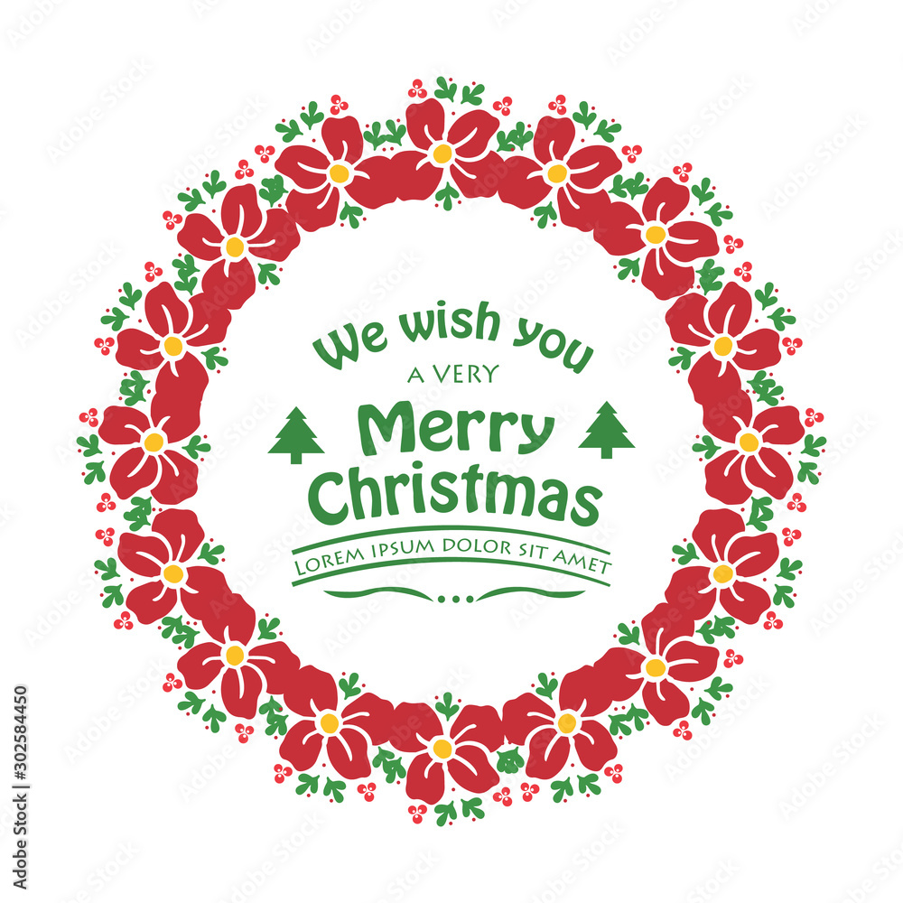 Template text of very merry christmas, with wallpaper beauty red flower frame. Vector
