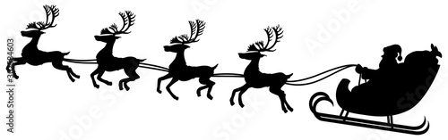 Vector illustration of a black and white silhouette of Santa and his reindeer in flight.