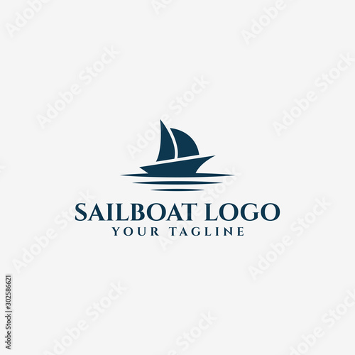 Sail Boat and Sea Wave, Sailing Yacht, Nautical Logo Design