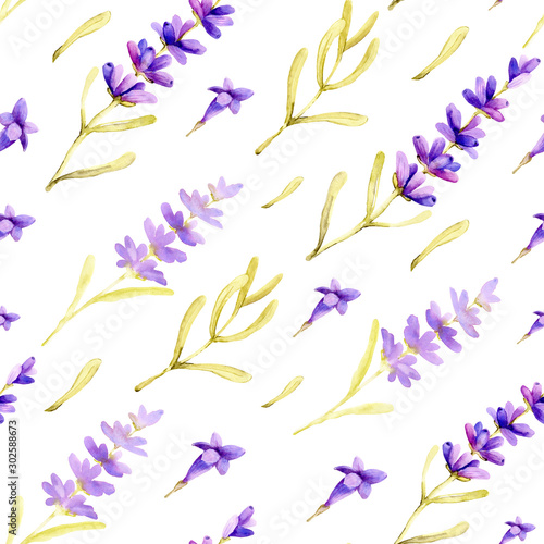 Seamless pattern with delicate lavender flowers on a white background. Hand drawn watercolor illustration for design background, cover, wrapper, package, wedding, template.