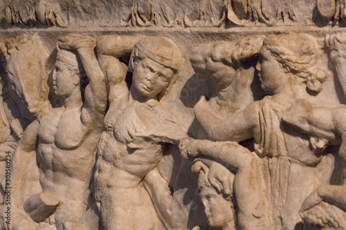 Front side of attic sarcophagus 2nd-3d century A.D. in Santa Giulia museum of Brescia, Lombardy, italy.