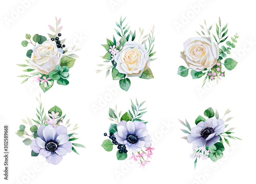 Floral romantic bouquets for wedding invite or greeting card. White Rose and Anemone flower, Greenery leaves. element set.