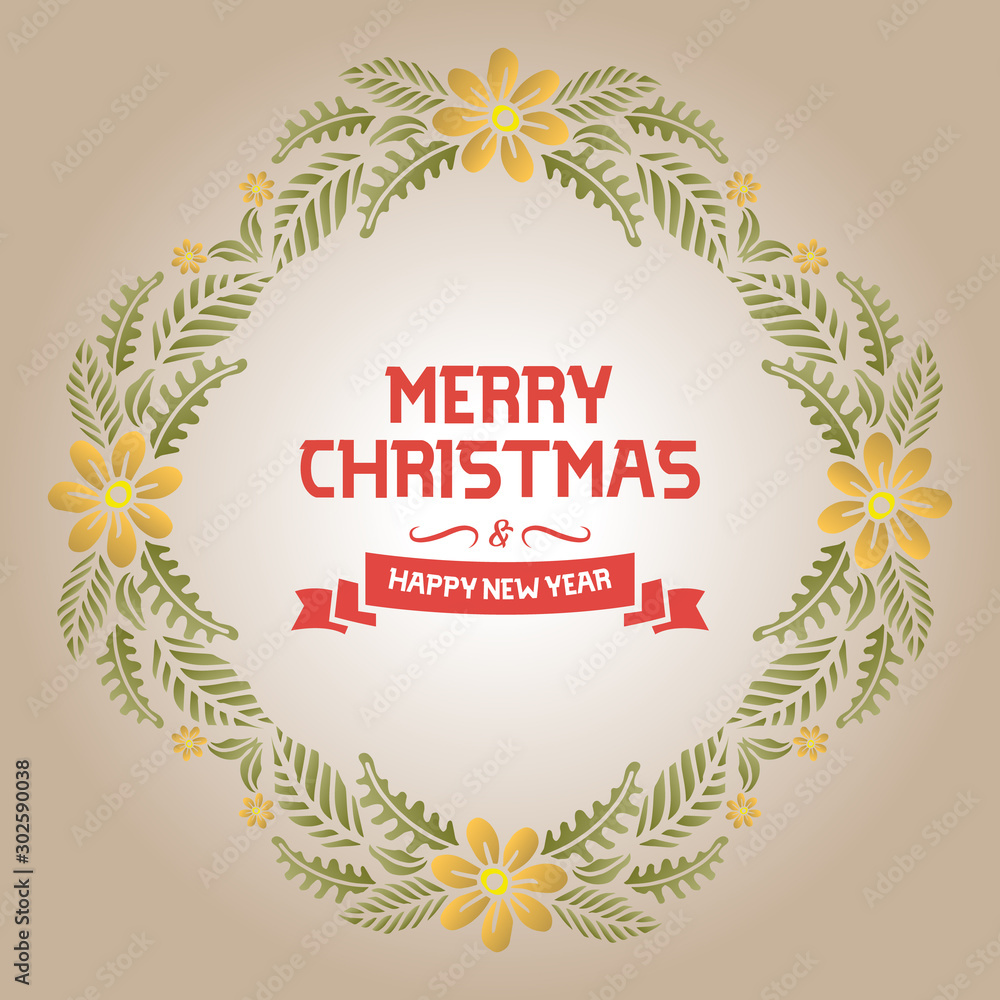 Ornament card christmas happy holiday, with elegant green leaf flower frame. Vector