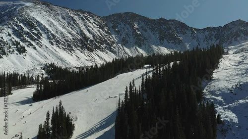 Aerial footage of skiers on Arapahoe Basin (A Basin) and Lenawee Mountain in Summit county, Colorado photo