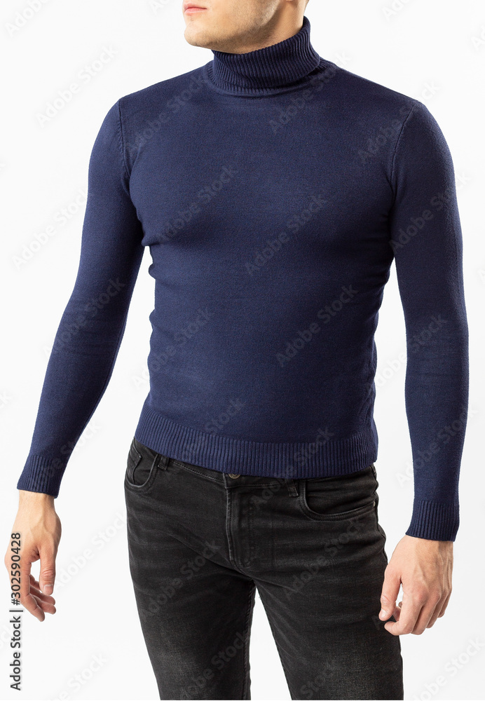 man in blue turtleneck with long sleeves on white background, mock-up, copy space man in blue turtleneck with long sleeves on white background, mock-up, copy space
