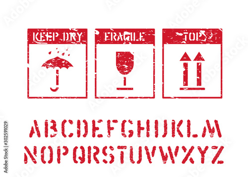 Glass, umbrella, arrow standard black icons isolated. Vector grunge rubber box signs and cargo alphabet for logistics, cargo.