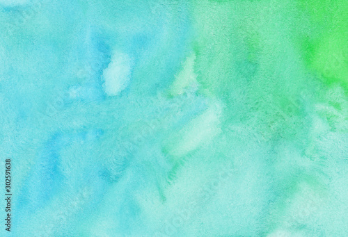 Watercolor light blue and green background texture. Watercolour abstract turquoise backdrop.