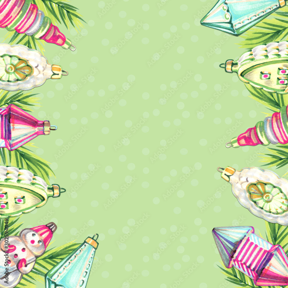 Obraz premium Christmas illustration with christmas toys. Christmas decoration. Hand drawn marker illustration sketch on white background