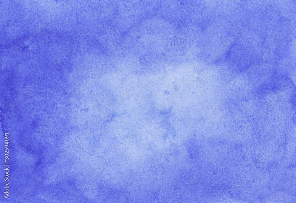 Watercolor deep blue background texture hand painted. Stains on paper.