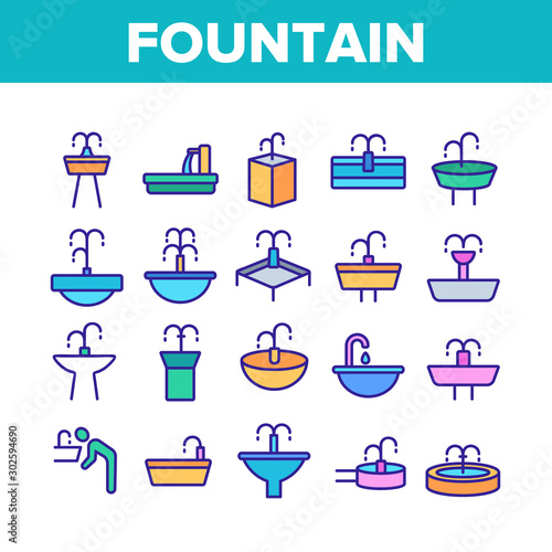 Drinking Fountain Collection Icons Set Vector Thin Line. Different Type Of Decorative Public Fountain With Purified Drink Water Concept Linear Pictograms. Color Contour Illustrations