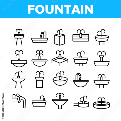 Drinking Fountain Collection Icons Set Vector Thin Line. Different Type Of Decorative Public Fountain With Purified Drink Water Concept Linear Pictograms. Monochrome Contour Illustrations