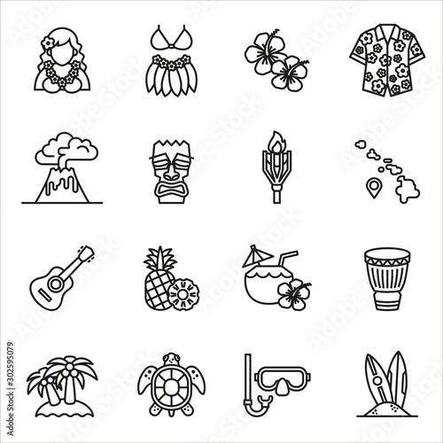 Tropical summer, hawaii icon set with white background. Thin Line Style stock vector.