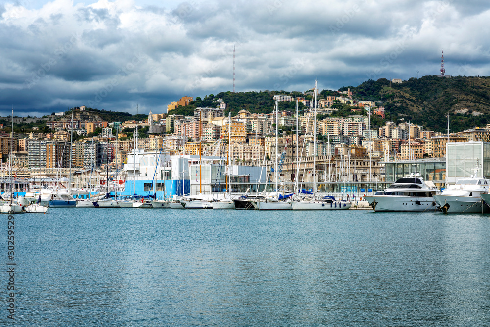 Genoa, Italy, 10/04/2019: Beautiful port city on the banks of the marina with yachts.