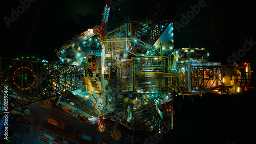 Oil Drilling Rig Top View  Aerial view of jack up rig with maintenance plant