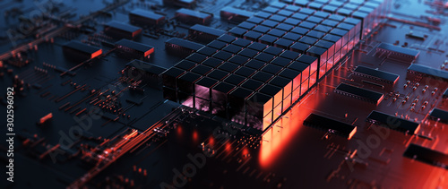 Printed circuit board futuristic server/Circuit board futuristic server code processing. Orange, red, blue technology background with bokeh. 3d rendering