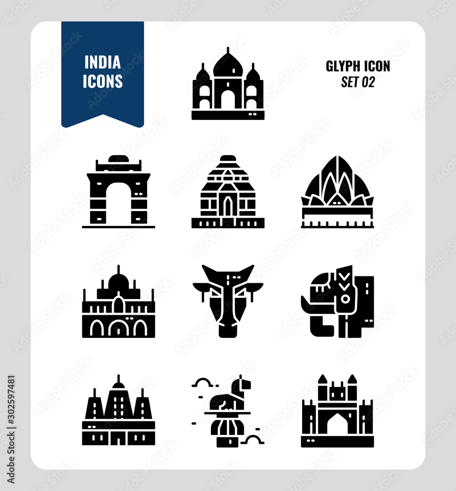 India icon set 2. Include India landmark, building, animal and more. Glyph icons Design. vector illustration