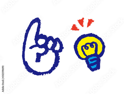 ハンドサインと電球マーク（クレヨン手書き）