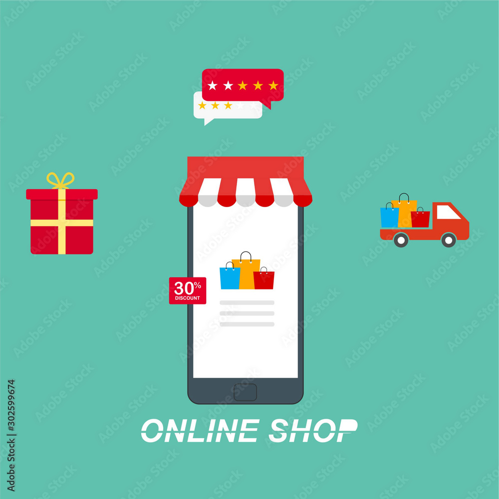 smartphone with Online Shopping. Modern flat design concept of web page design for website and mobile website. Easy to edit and customize. Flat vector illustration. smartphone with Online Shopping. Modern flat design concept of web page design for website and mobile website. Easy to edit and customize. Flat vector illustration.