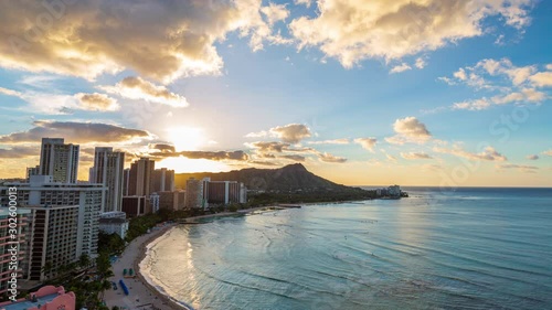 Hawaii Waikiki Beach in Honolulu city. Travel landscape timelapse of Waikiki Beach and Diamond Head mountain peak at sunset, Oahu island, USA vacation. Timelapse.
