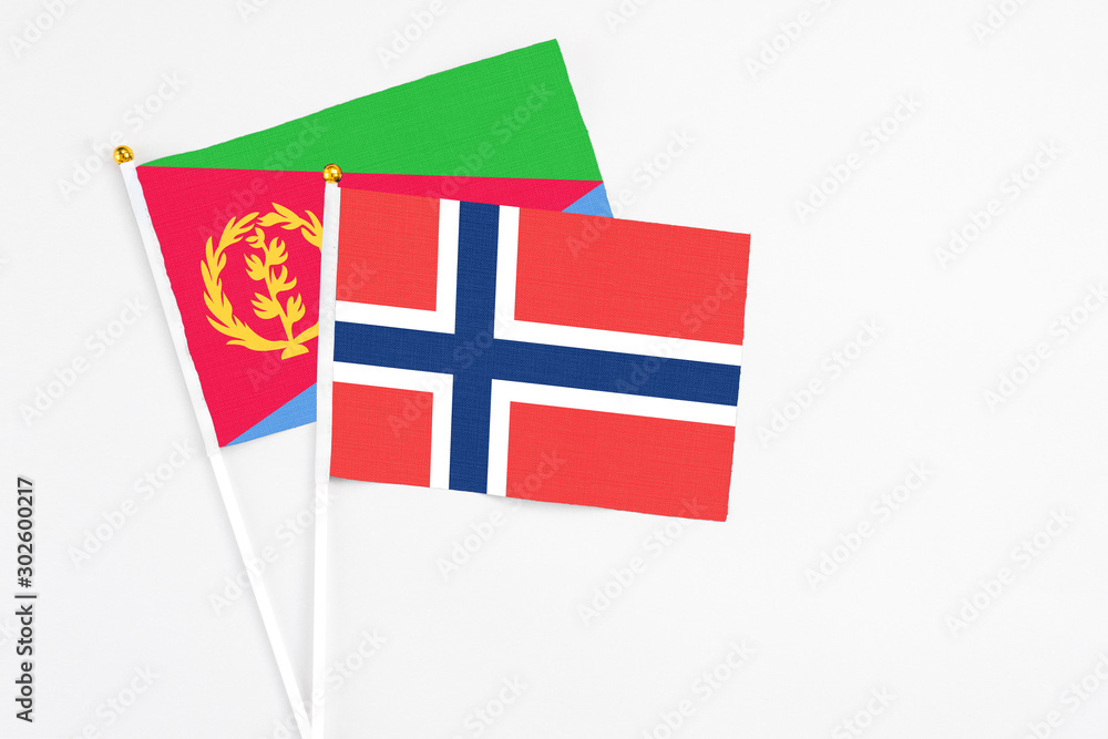 Norway and Eritrea stick flags on white background. High quality fabric, miniature national flag. Peaceful global concept.White floor for copy space.