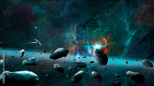 Space background. Colorful fractal nebula with spaceship and asteroids. Elements furnished by NASA. 3D rendering