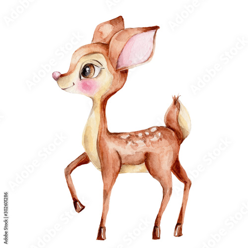 Fényképezés Cute little deer; watercolor hand draw illustration; with white isolated backgro