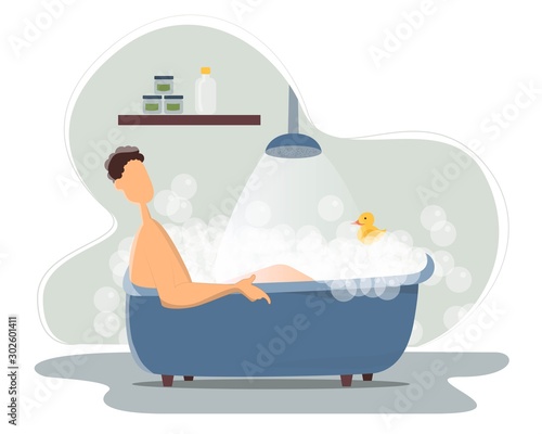 Young man taking bath in bathroom with rubber duck. Wash head, hair, body, skin with shampoo, soap, sponge, water. Bathtub full of foam with bubbles. Hygiene, everyday routine, relax. Vector flat