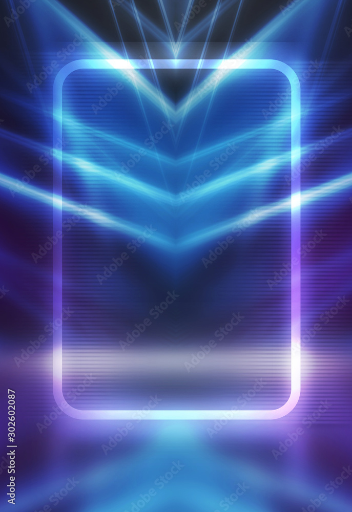 Empty dark background scene of the show. Neon ultraviolet blurry lights. Smoke, fog