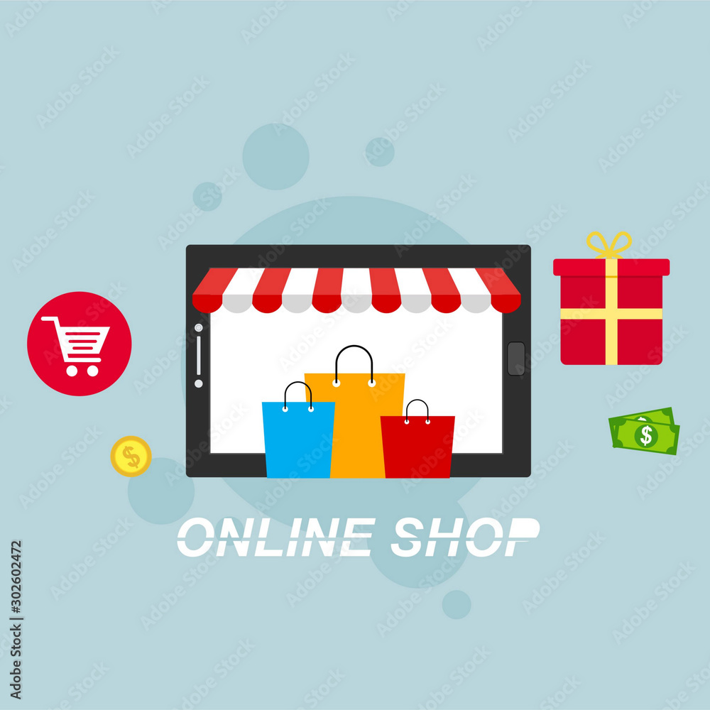 online shopping with open tablet and smartphone. Modern flat design concept of web page design for website and mobile website online shopping with open tablet and smartphone. Modern flat design concept of web page design for website and mobile website