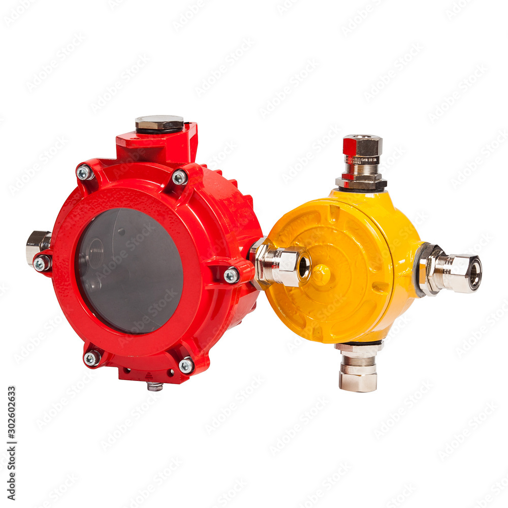 Set of red and yellow metal junction box for wiring isolated on white background. Set of red and yellow metal junction box for wiring isolated on white background.