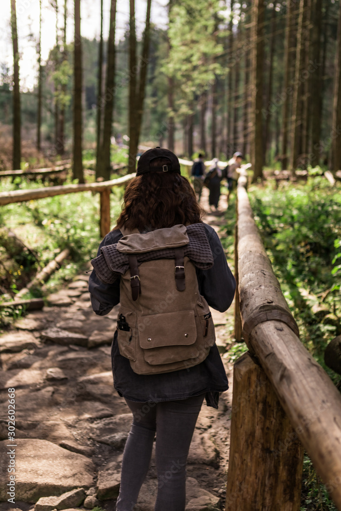 woman hiker walking by stone trail in forest